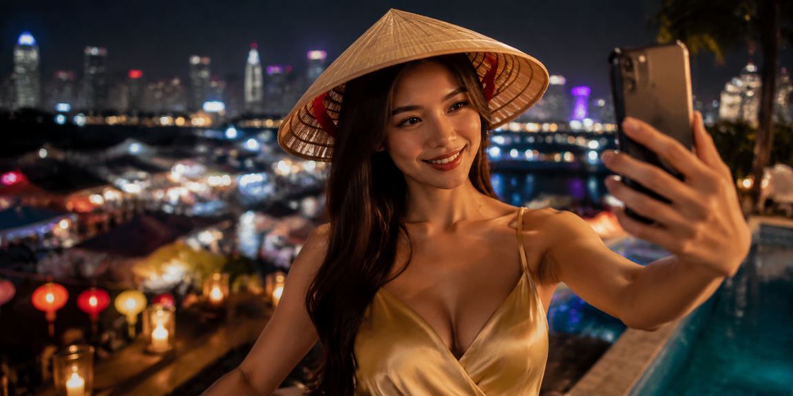 Người dùng giao dịch tài chính trên di động tại Nha Trang với nón lá truyền thống